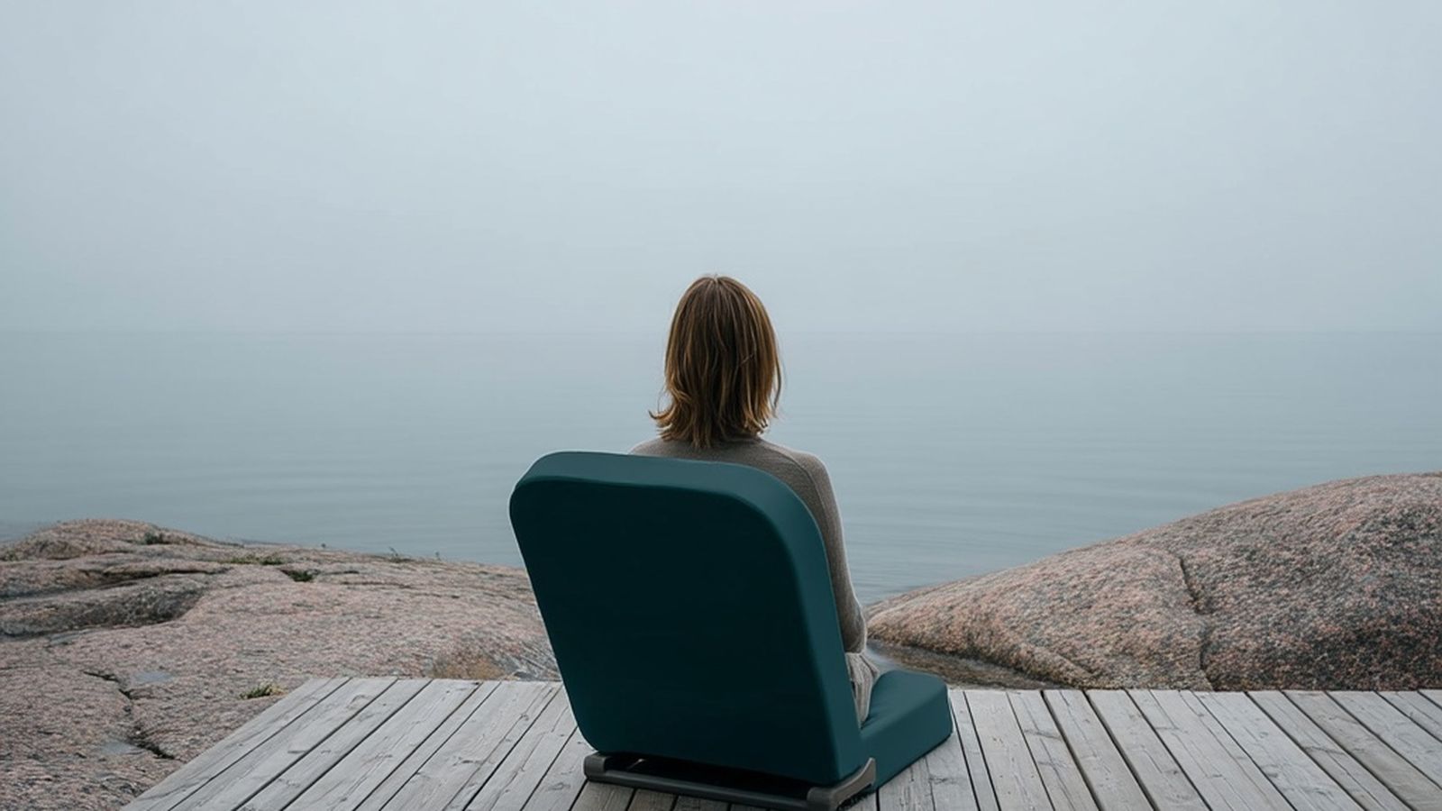 Grundvik grondstoel met rugleuning op een houten steiger aan het water — buitenstoel zonder poten aan een mistige Scandinavische baai